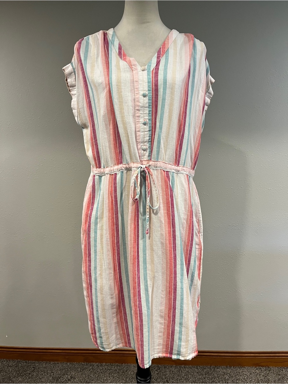 Linen Striped Tie-Waist V-Neck Summer sleeveless Dress size medium